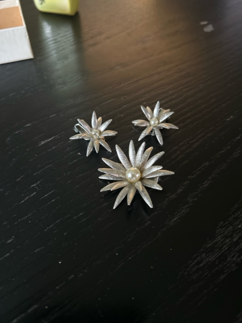 Silver Floral Brooch and Clip-On Earring Set with Pearl Centers